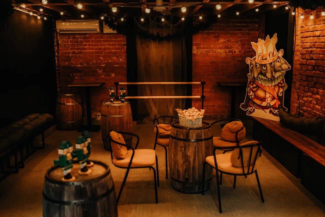 Garage private event space with brick walls and warm lighting